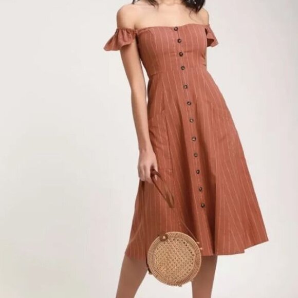 LULUS Size Small Midi Linen Blend Sundress Button Front with Pockets Striped NWT - Picture 2 of 10